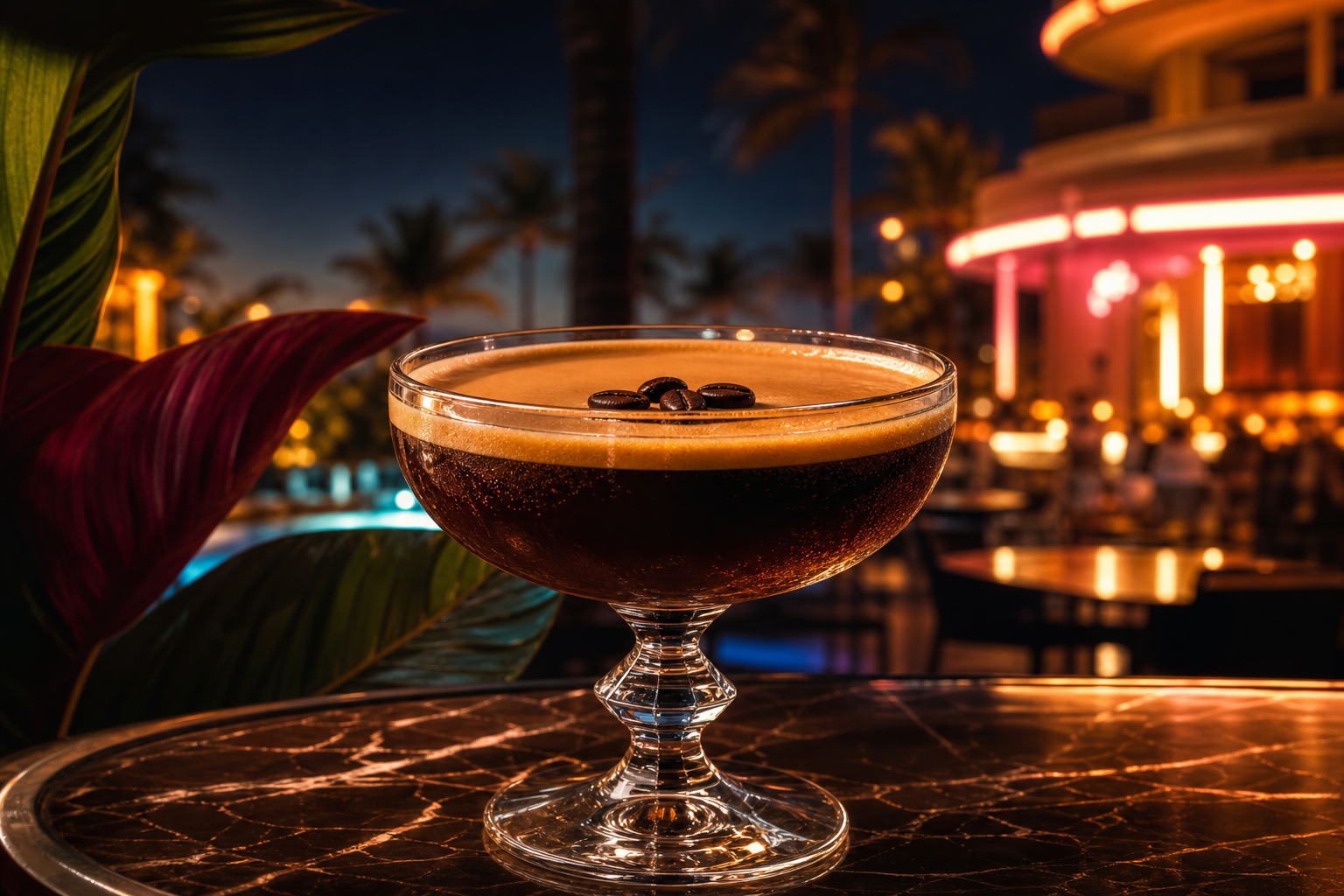 Amber Coffee servi en coupe avec crema et grains de café
