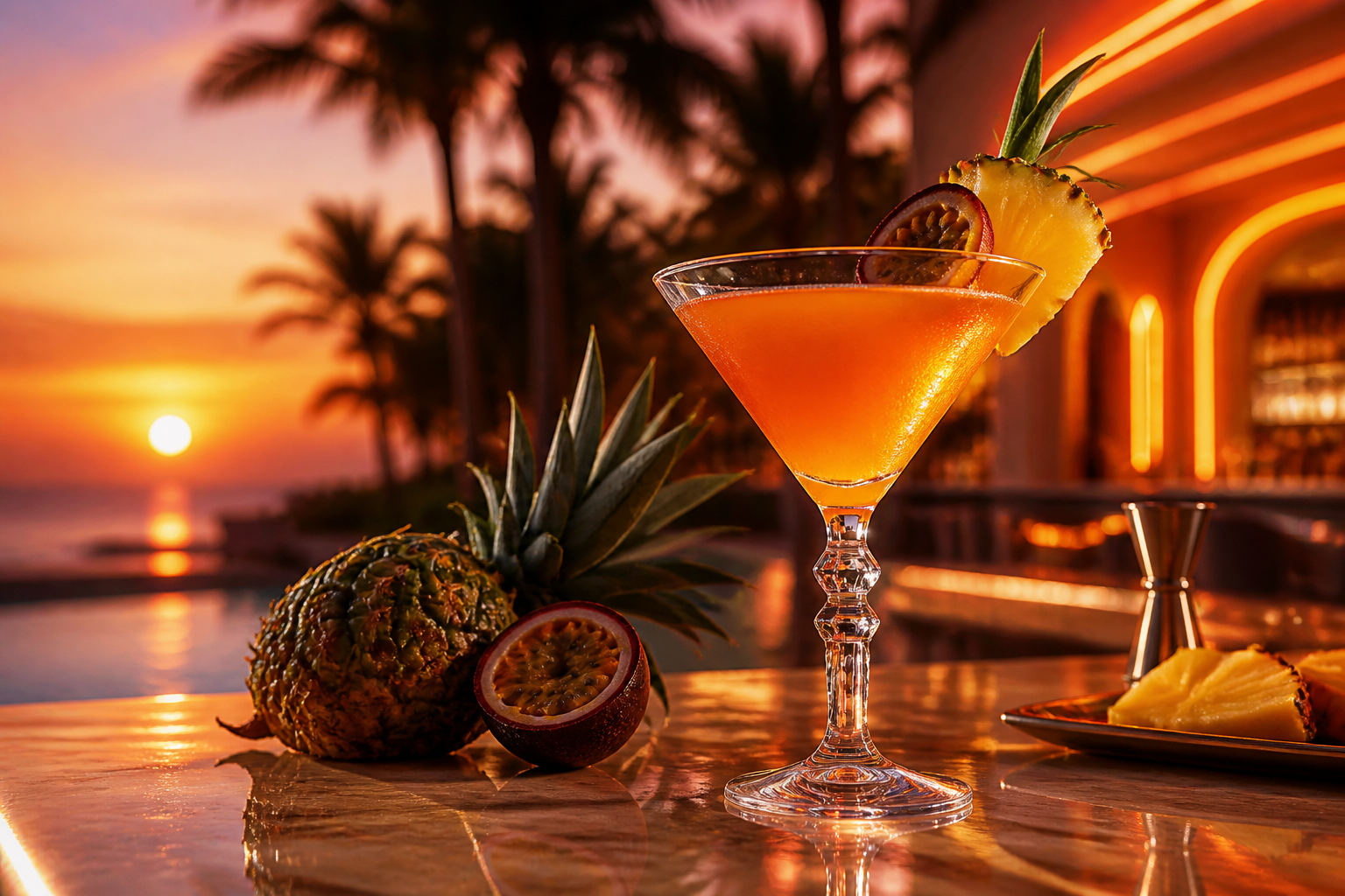 Amber Tropic servi en verre martini avec ananas